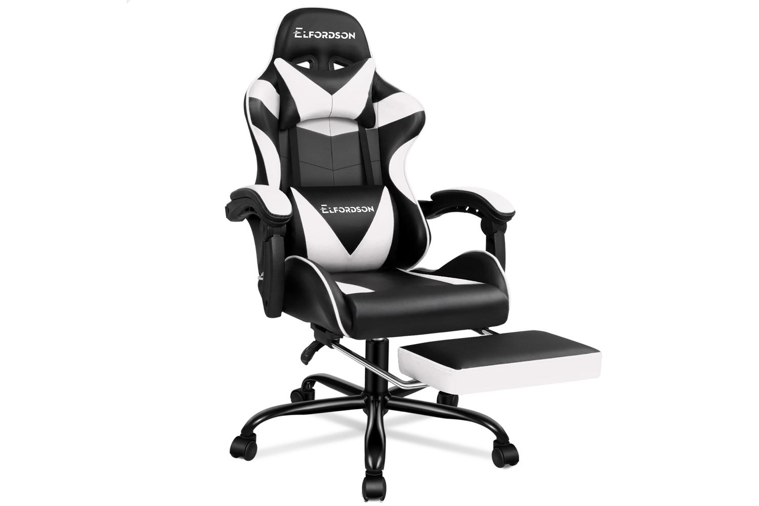 Elfordson 2-Point Massage Gaming Chair with Lumbar Cushion | White