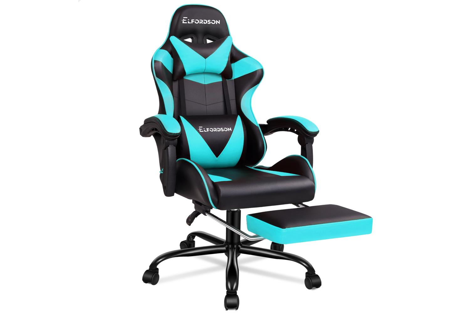 Elfordson Massage Gaming Chair with Pu Leather | Cyan