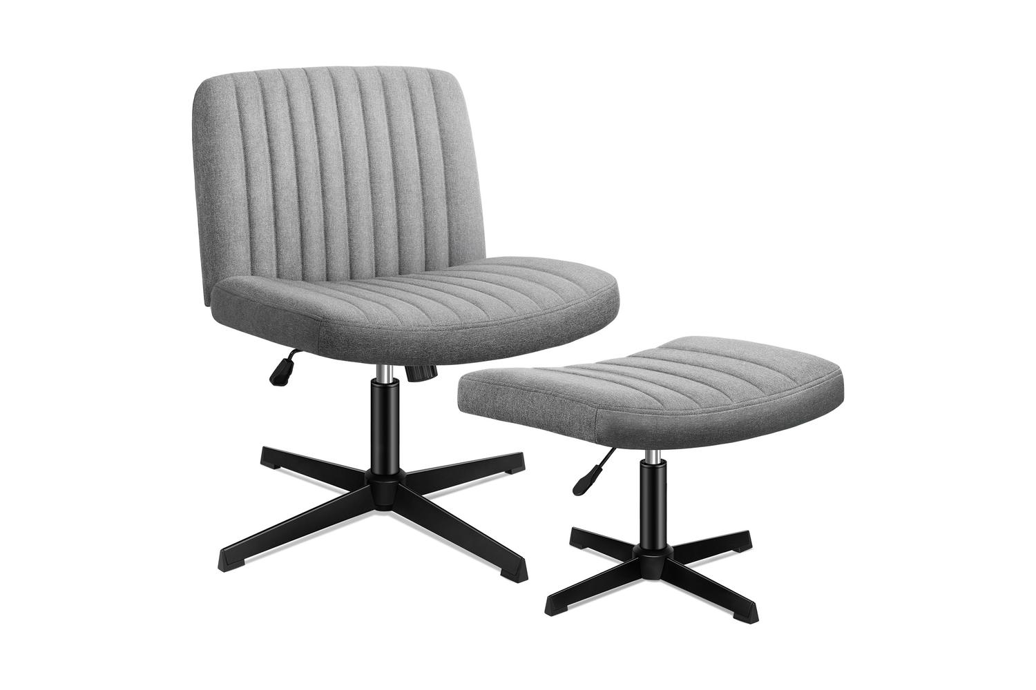 Elfordson Cross Legged Office Chair with Ottoman | Grey Linen