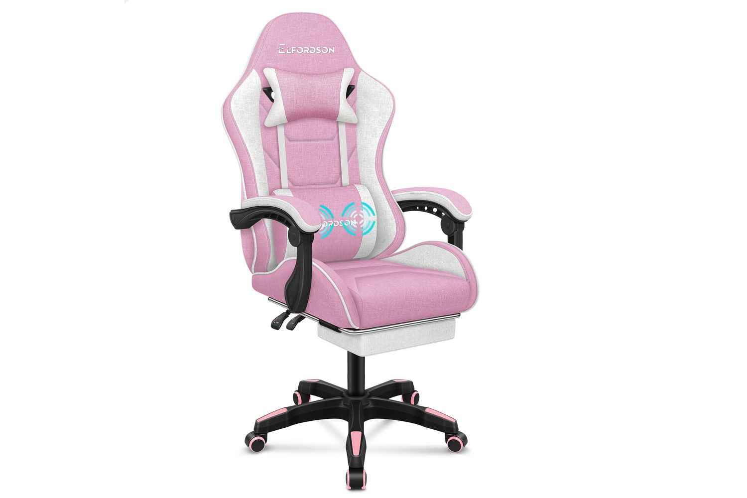 Elfordson Gaming Chair | Pink Fabric Linen High-back | With Massage Lumbar Cushion & Footrest