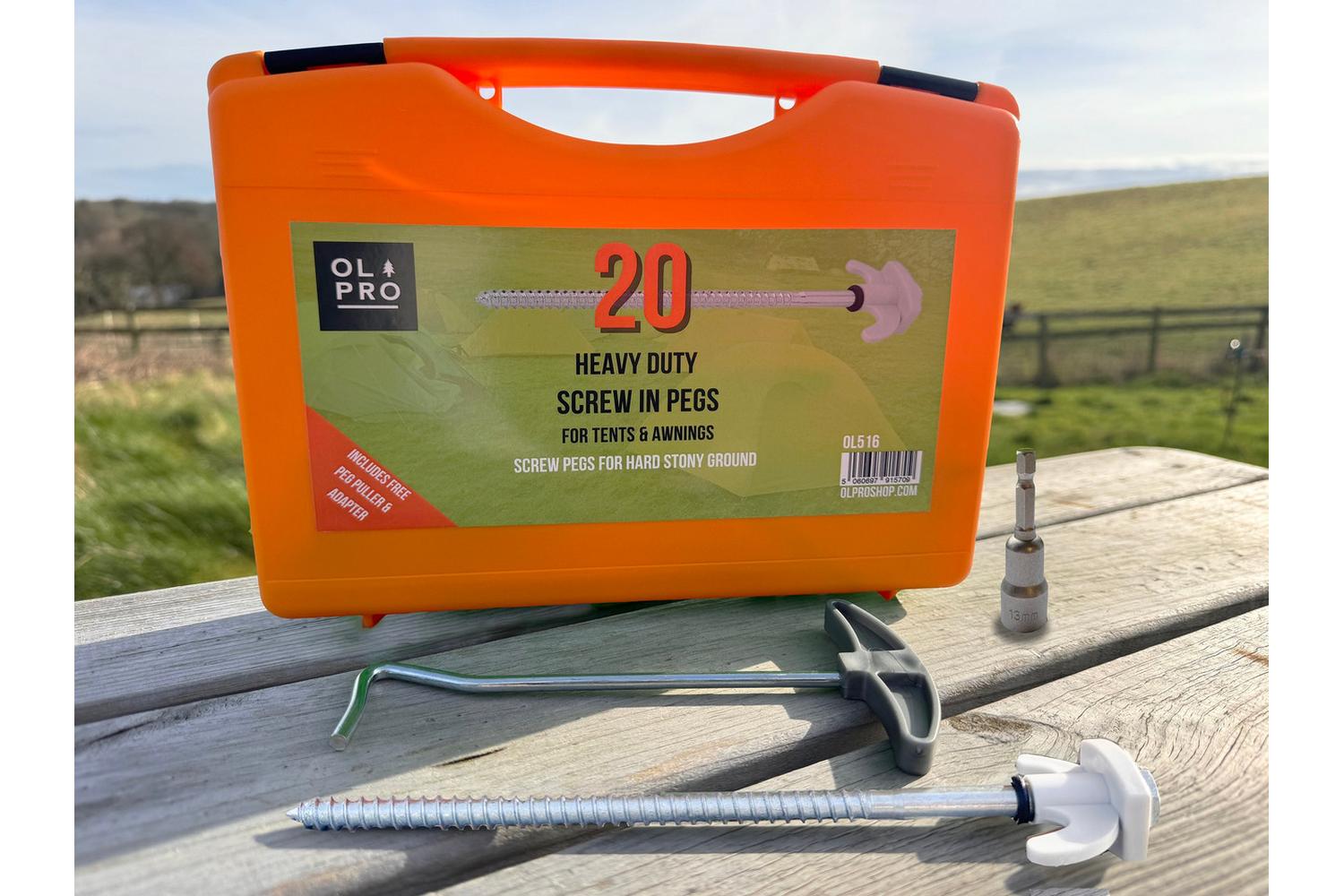 Screw-in Hard Ground Rock Pegs | Camping Equipment | Steel And Plastic | Set Of 20 With Adaptor And Peg Puller