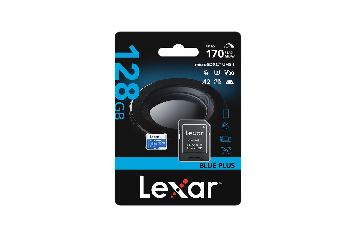 128gb Lexar Blue Plus 633x Microsdxc Uhs-i With Sd Adapter Up To 100mbs Read C10 A2 V30 U3
