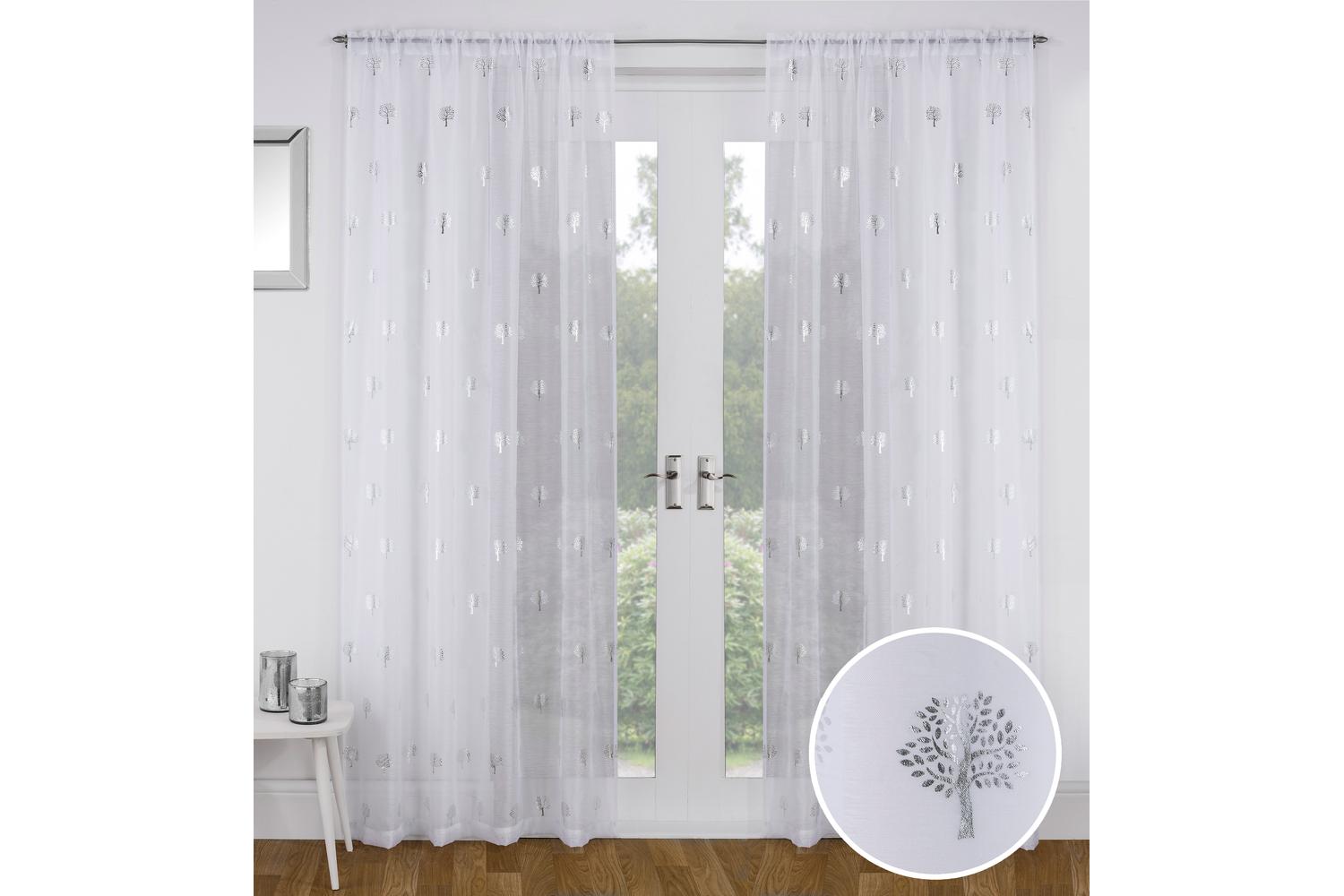 White Birch Metallic Tree Print Pair Of Linen Look Voile Panels 140x183cm