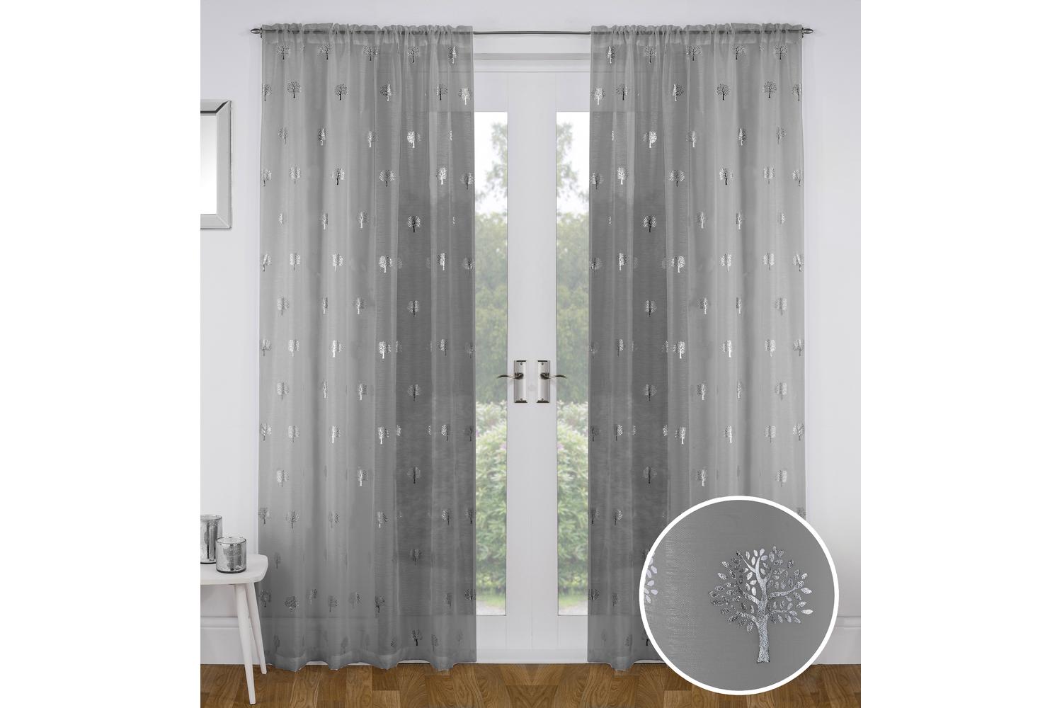 Grey Birch Metallic Tree Print Pair Of Linen Look Voile Panels 140x137cm