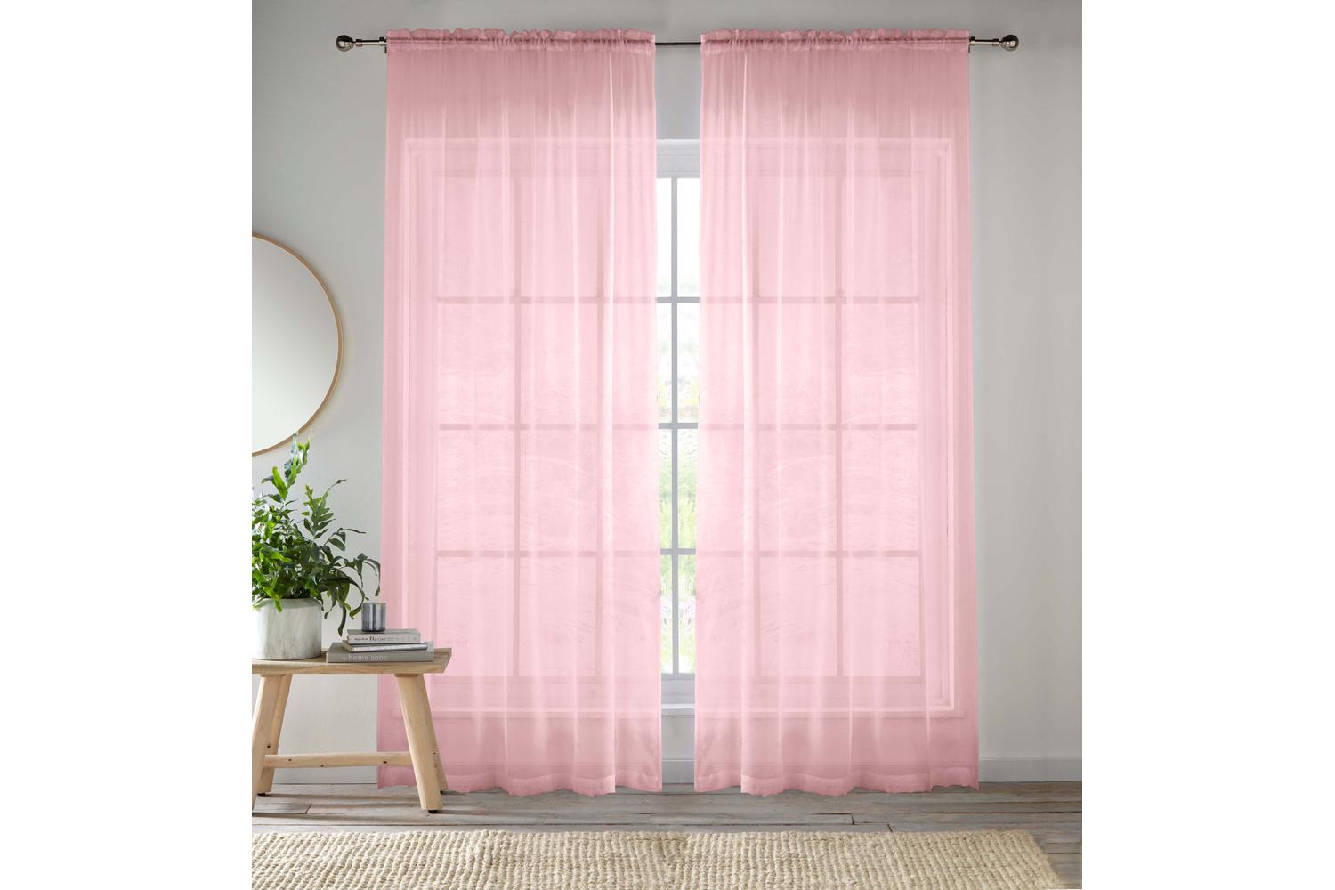 Pink Sheer Pair Of Plain Woven Voile Slot Top Curtain Panels 145x137cm