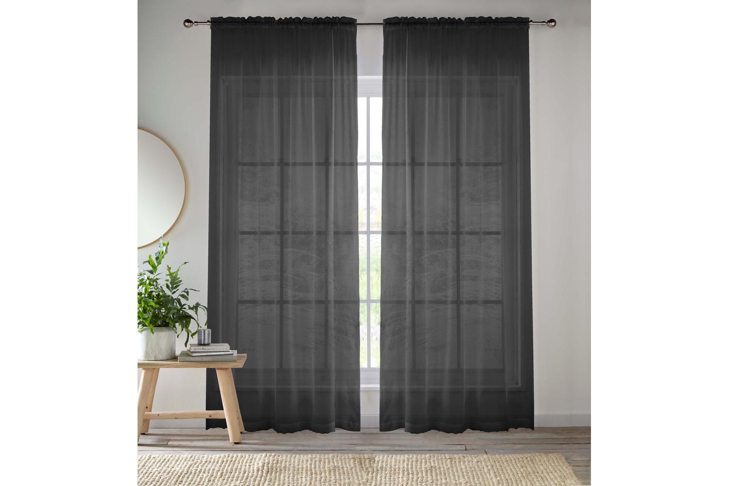 Black Sheer Pair Of Plain Woven Voile Slot Top Curtain Panels 145x183cm