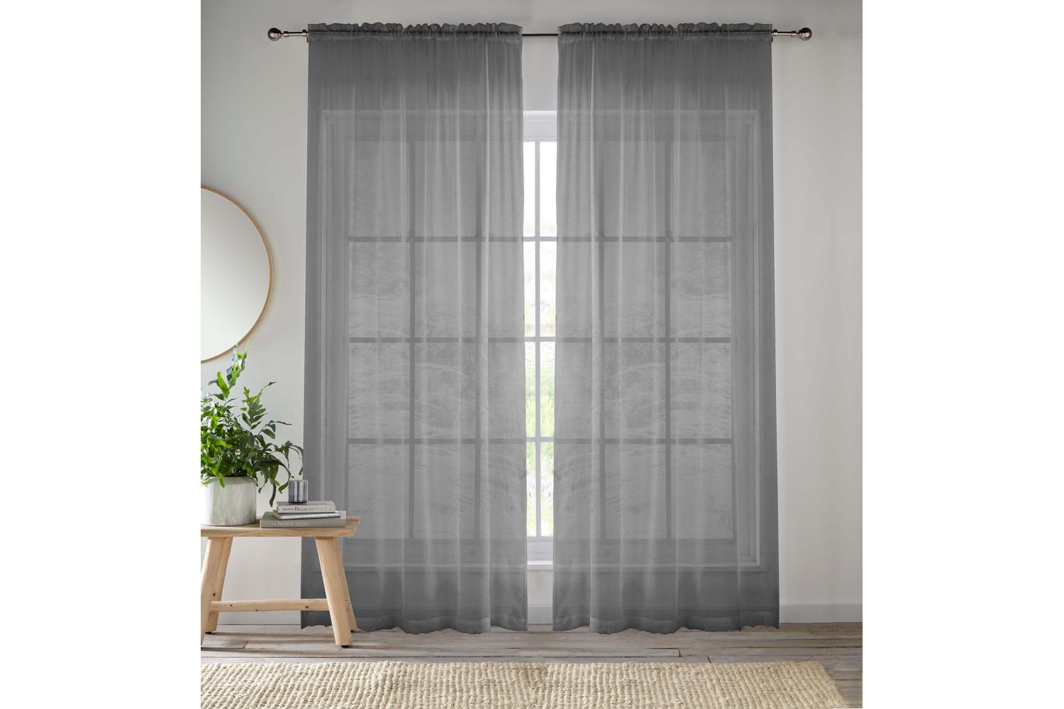 Grey Sheer Pair Of Plain Woven Voile Slot Top Curtain Panels 145x122cm