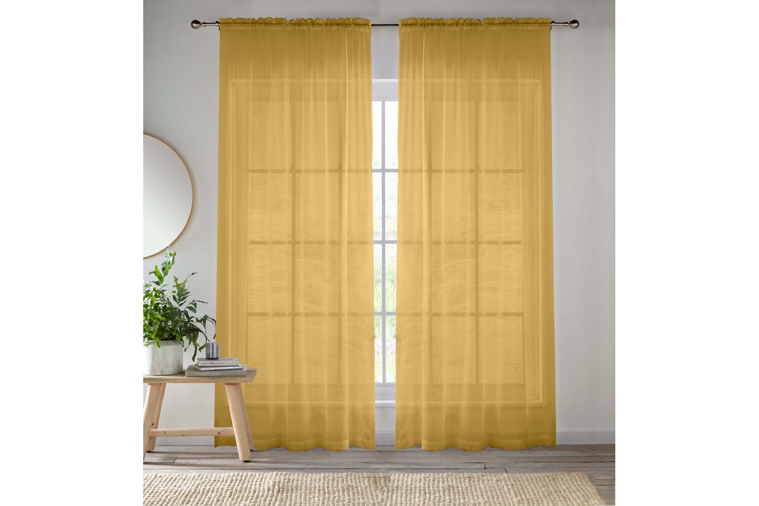 Gold Sheer Pair Of Plain Woven Voile Slot Top Curtain Panels 145x122cm
