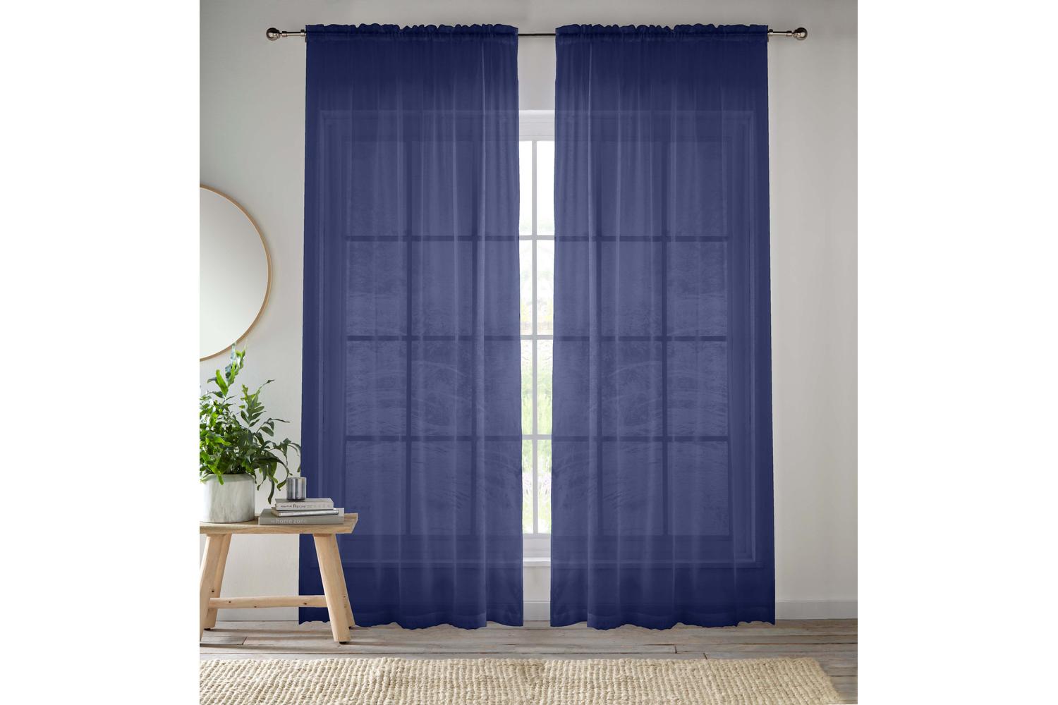 Navy Sheer Pair Of Plain Woven Voile Slot Top Curtain Panels 145x229cm