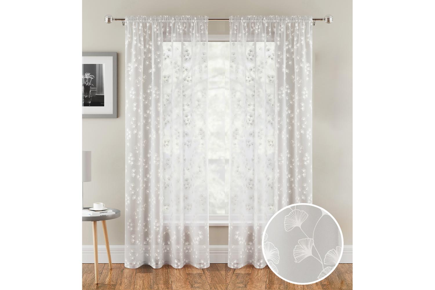 White Delila Leaf Print Pair Of Voile Panels 140x229cm