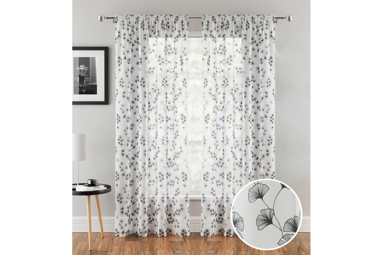 Black Delila Leaf Print Pair Of Voile Panels 140x122cm