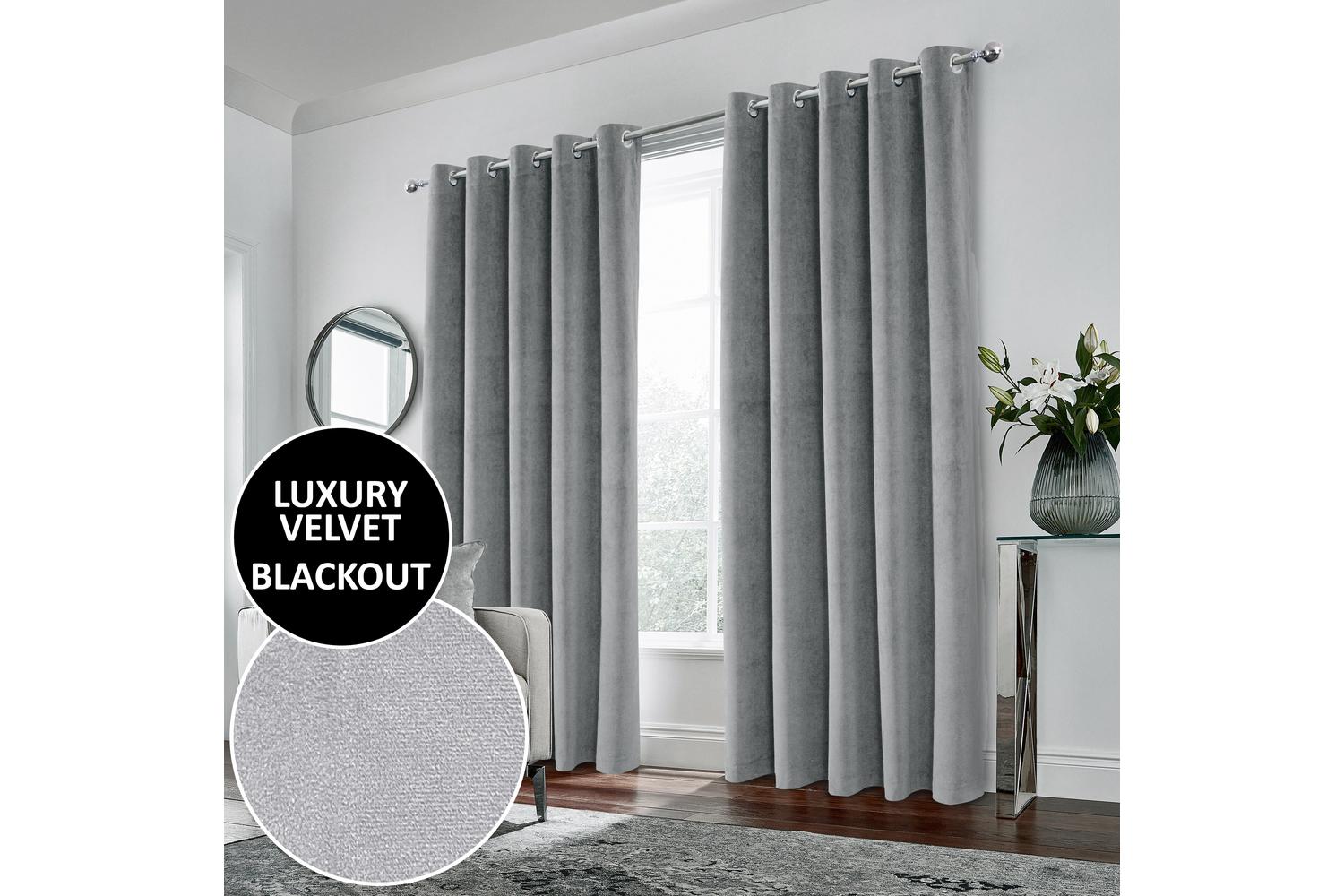 Grey Velvet Eyelet Pair Of Blackout Thermal Supersoft Curtains 229x183cm