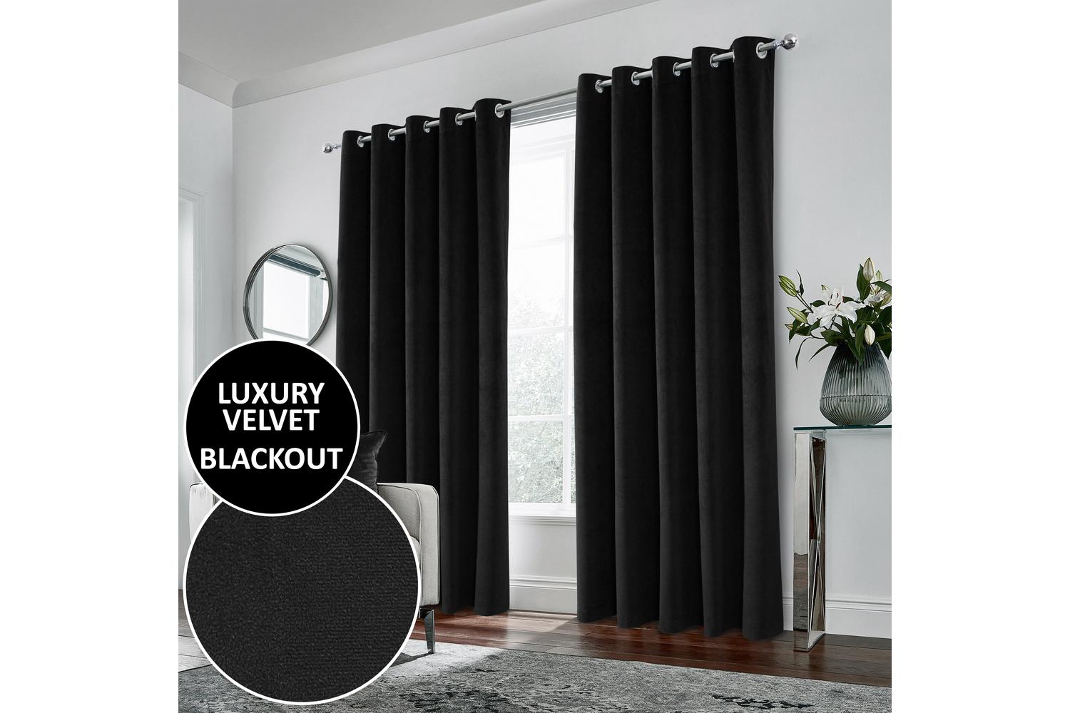 Black Velvet Eyelet Pair Of Blackout Thermal Supersoft Curtains 117x137cm