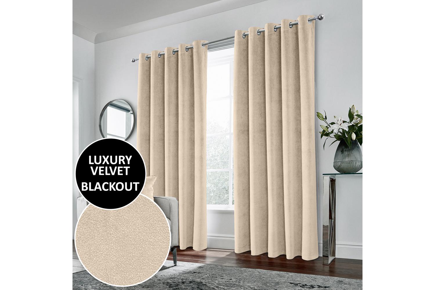 Cream Velvet Eyelet Pair Of Blackout Thermal Supersoft Curtains 168x229cm
