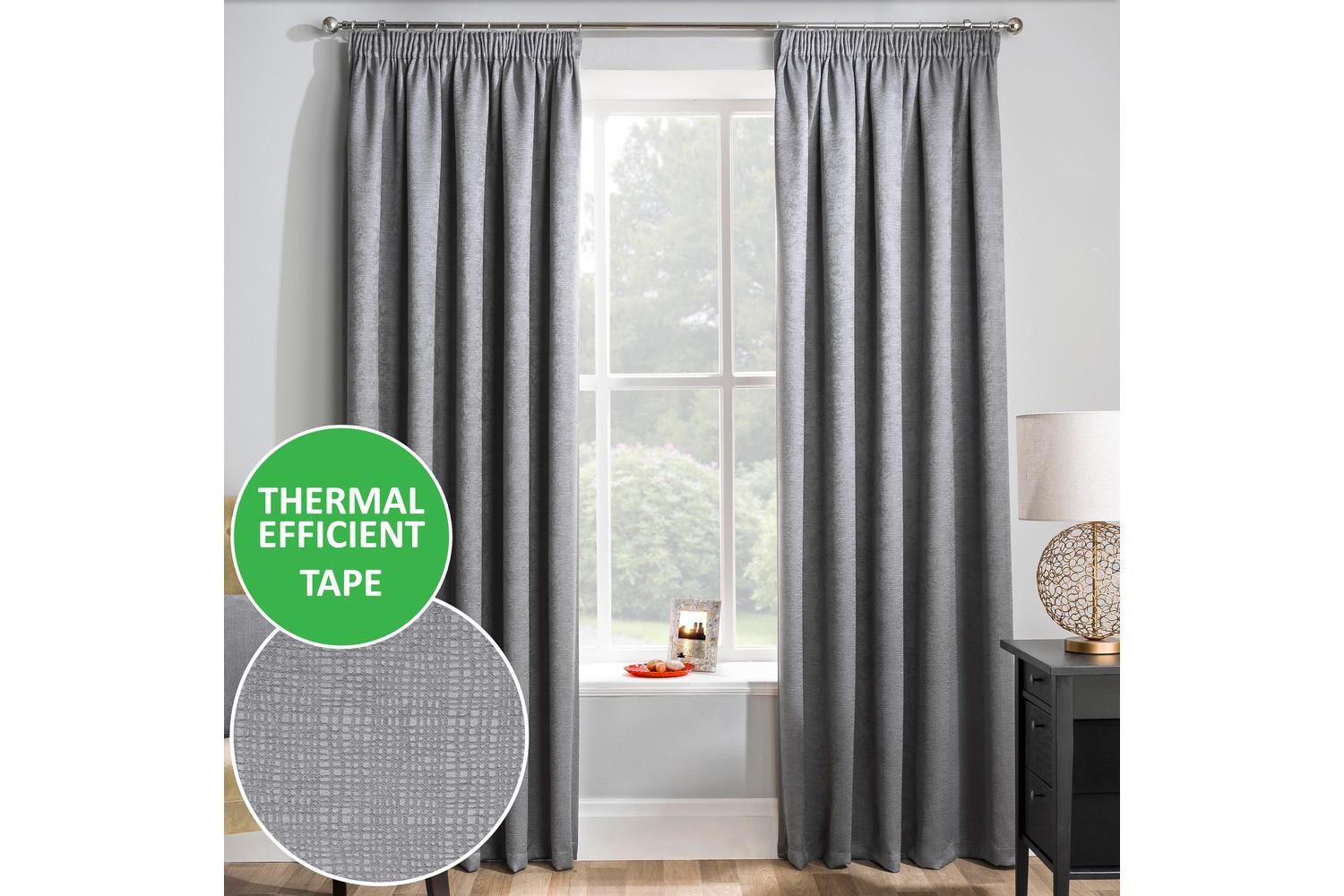 Grey Silver Tape-top Pair Of Thermal Noise Reducing Room Darkening Curtains 168x229cm