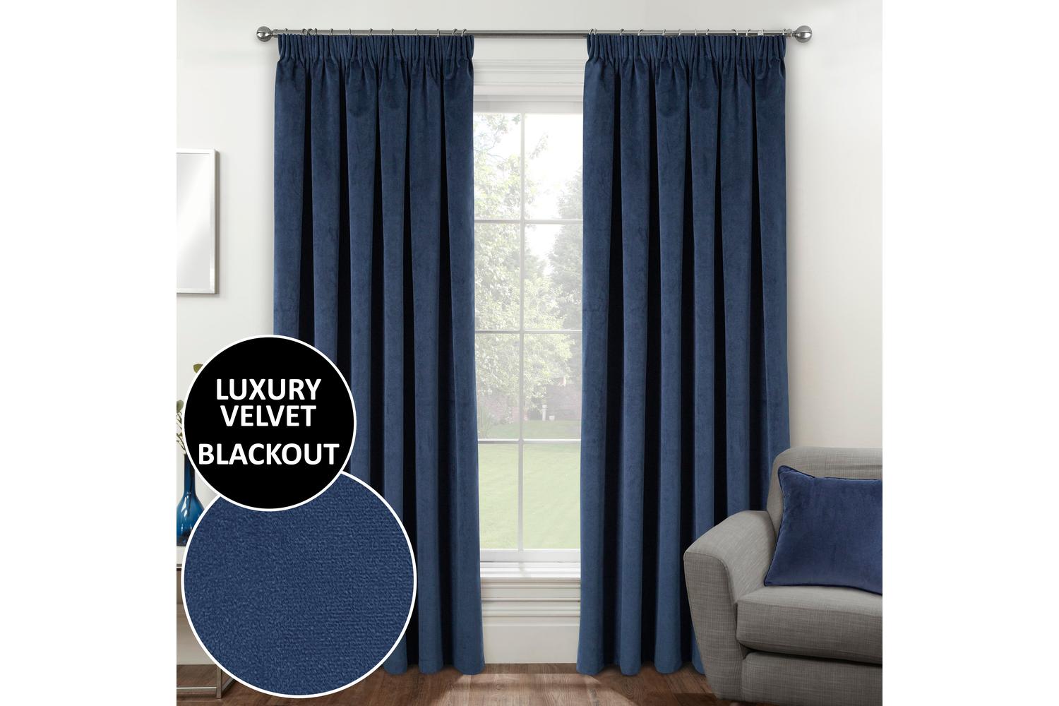Navy Tape-top Velvet Pair Of Blackout Supersoft Thermal Curtains 229x229cm