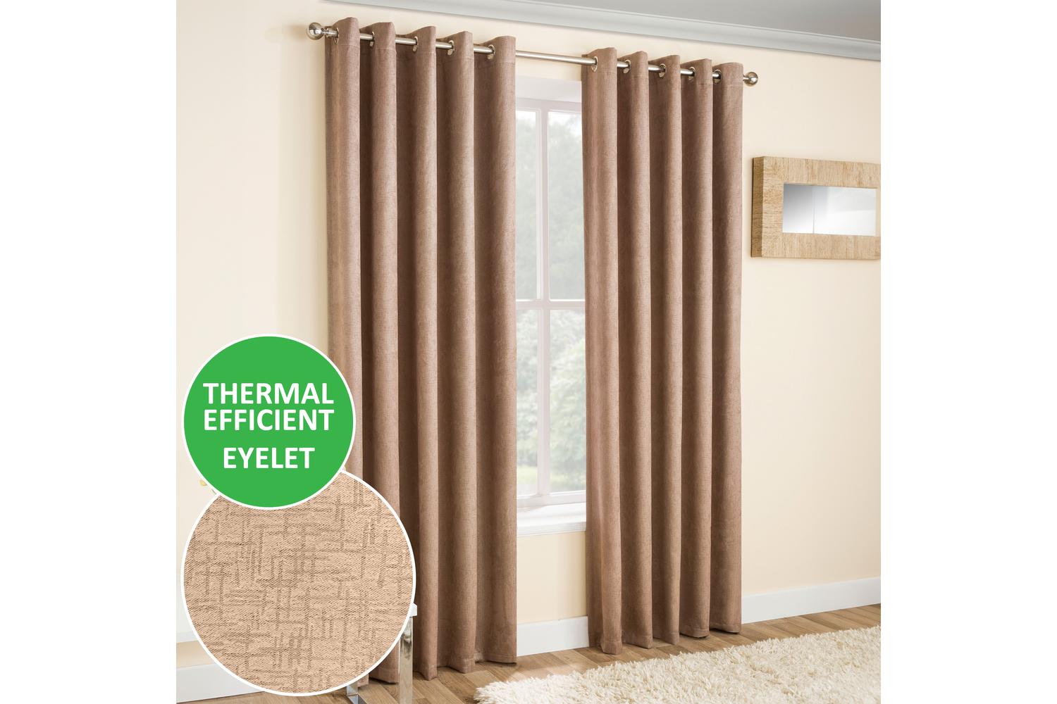 Latte Natural Eyelet Vogue Pair Of Thermal Noise Reducing Room Darkening Curtains 229x183cm