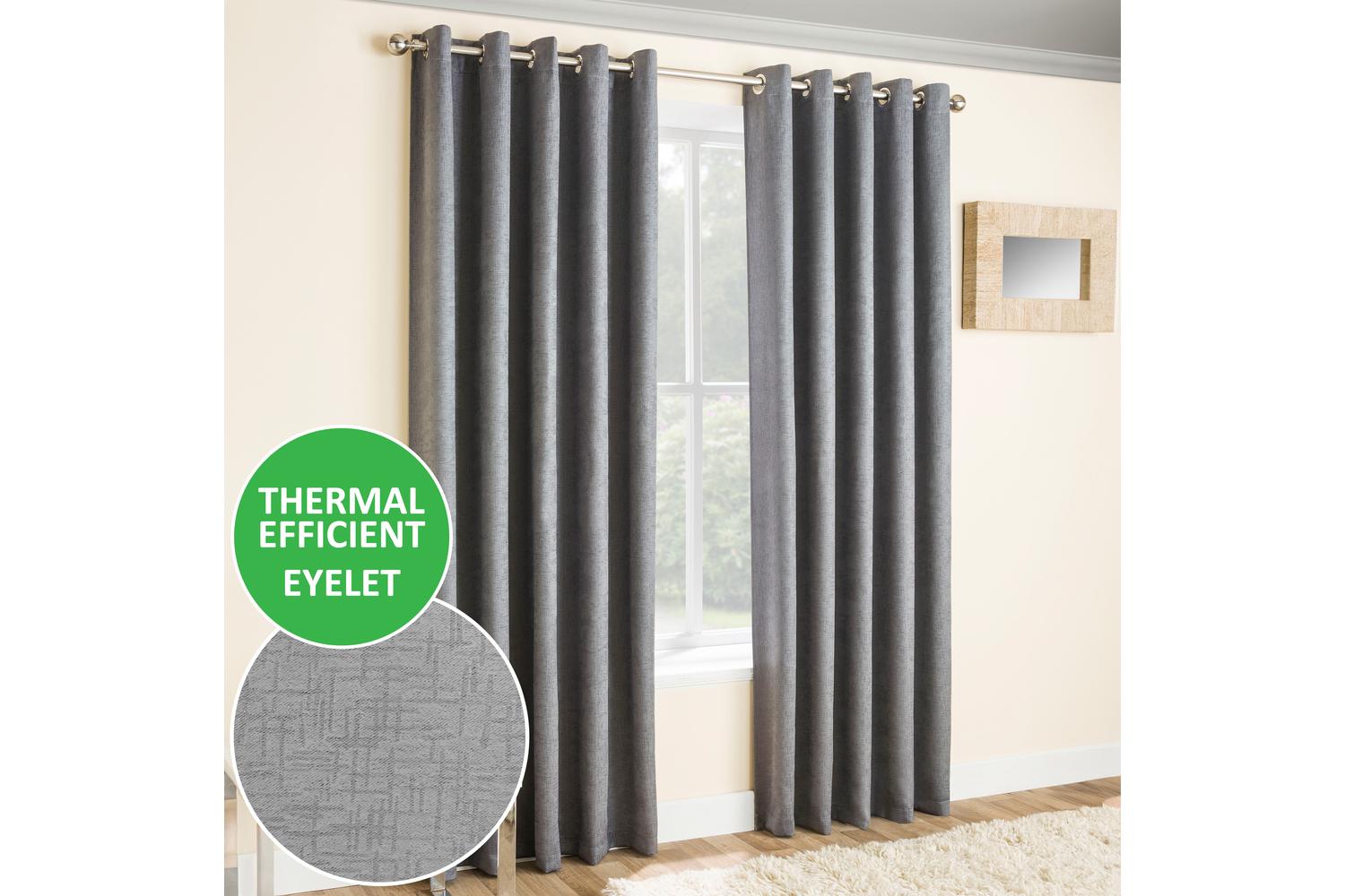 Grey Silver Eyelet Vogue Pair Of Thermal Noise Reducing Room Darkening Curtains 168x229cm