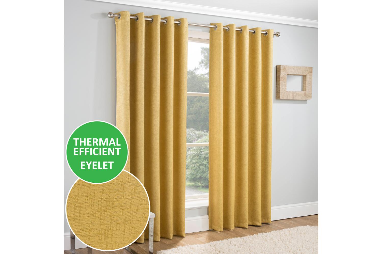 Ochre Eyelet Vogue Pair Of Thermal Noise Reducing Room Darkening Curtains 229x229cm