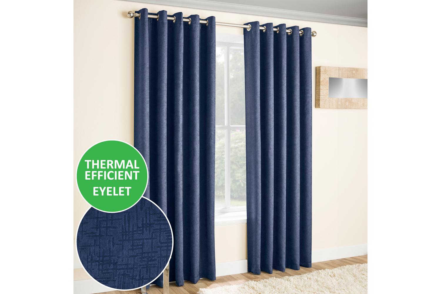 Navy Eyelet Vogue Pair Of Thermal Noise Reducing Room Darkening Curtains 117x137cm