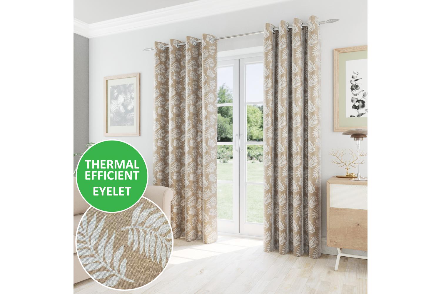 Latte Eyelet Oakland Pair Of Leaf Print Thermal Room Darkening Curtains 168x137cm