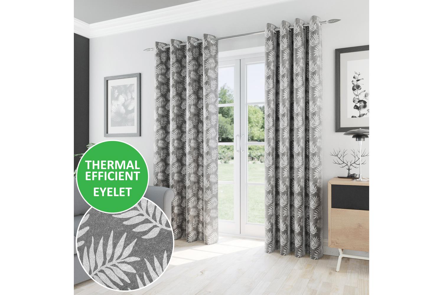 Grey Eyelet Oakland Pair Of Leaf Print Thermal Room Darkening Curtains 168x137cm