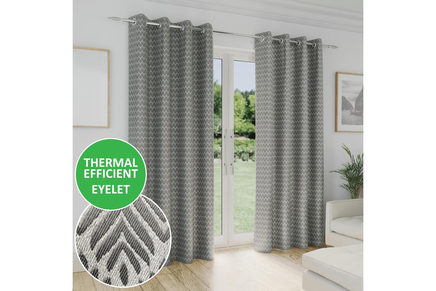 Grey Eyelet Aspen Pair Of Leaf Patterned Thermal Noise Reducing Room Darkening Curtains 117x137cm