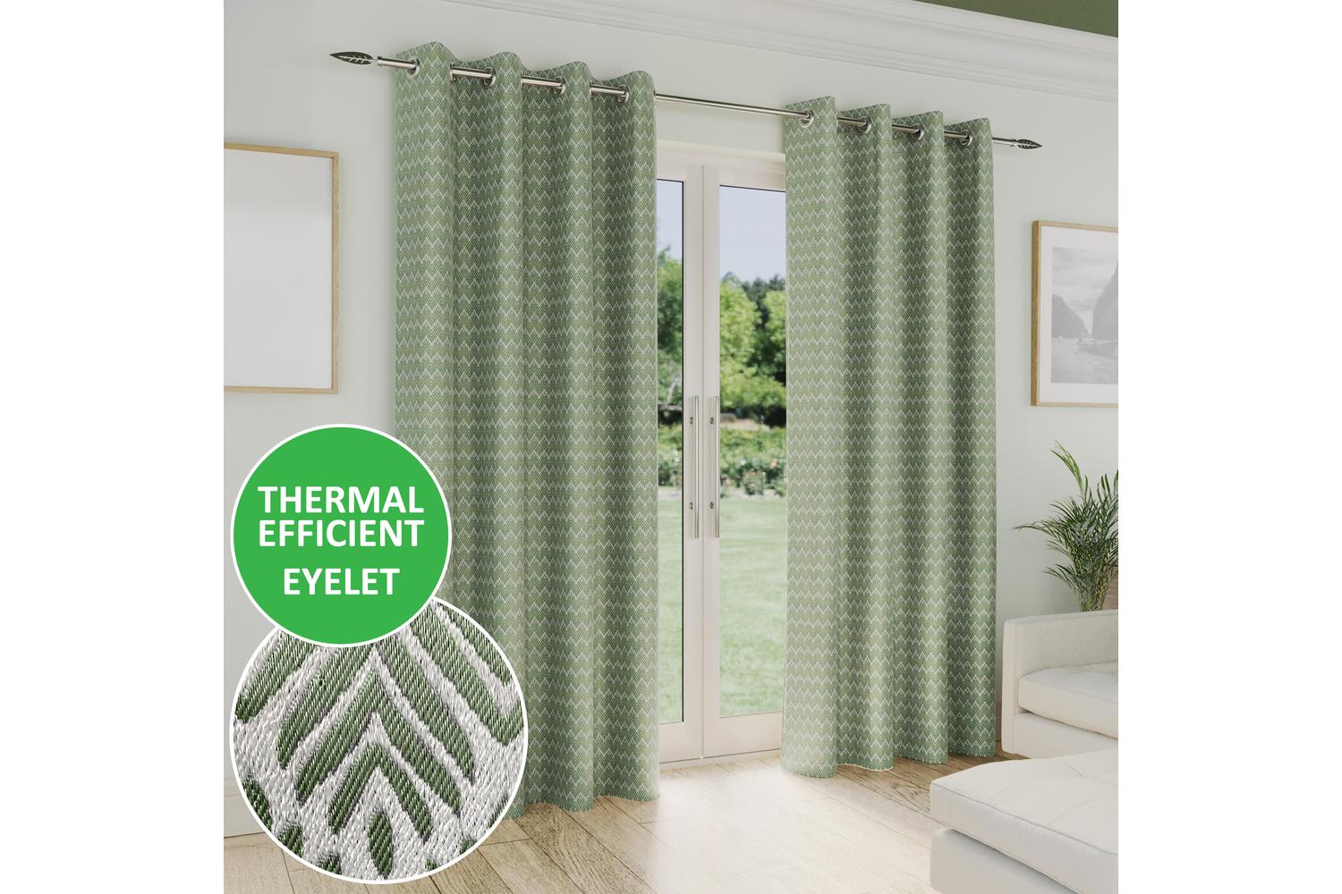 Green Eyelet Aspen Pair Of Leaf Patterned Thermal Noise Reducing Room Darkening Curtains 229x229cm