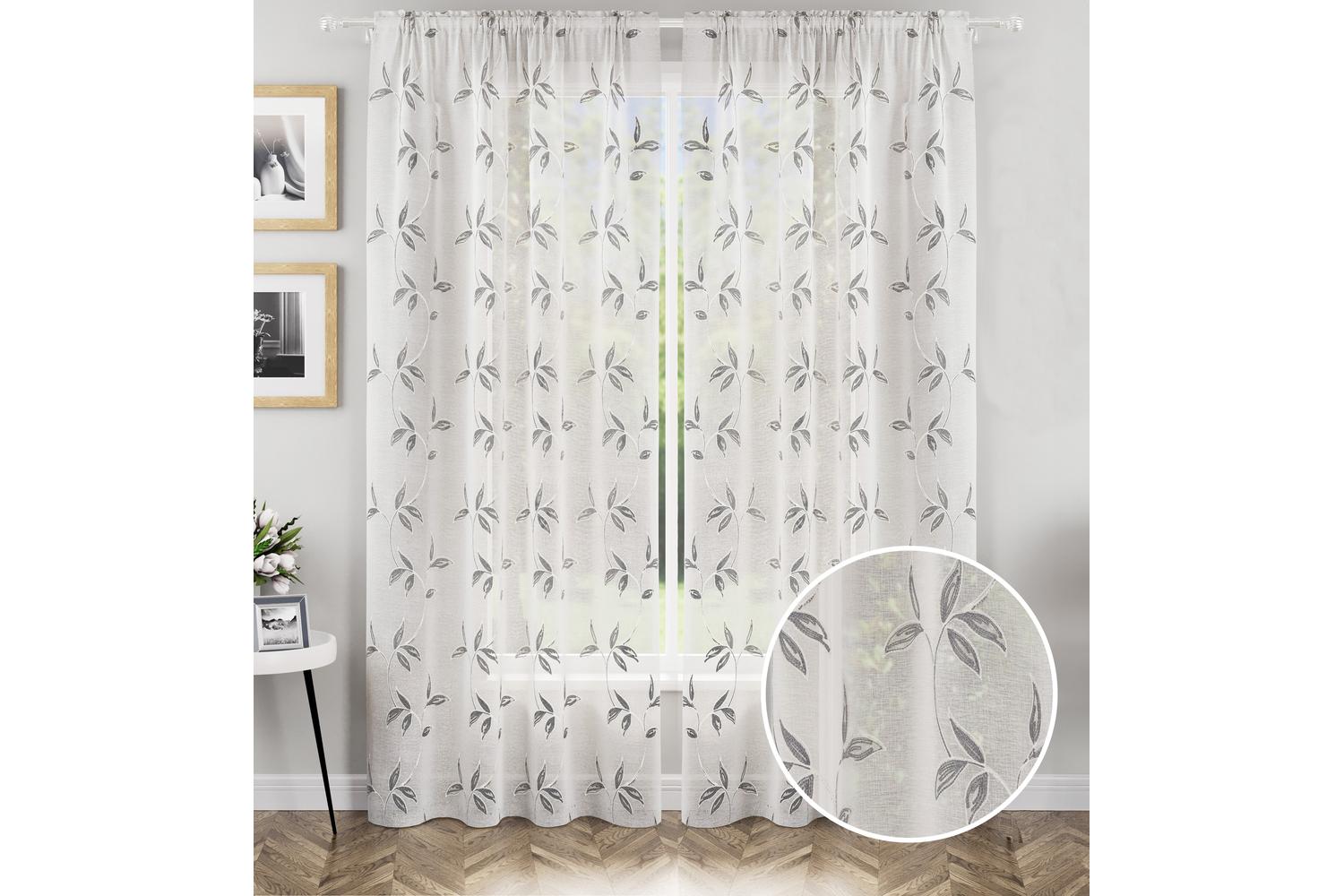 Grey Oasis Rod Pocket Pair Of Embroidered Leaf Design Voile Panel Sheer Curtains 140x137cm