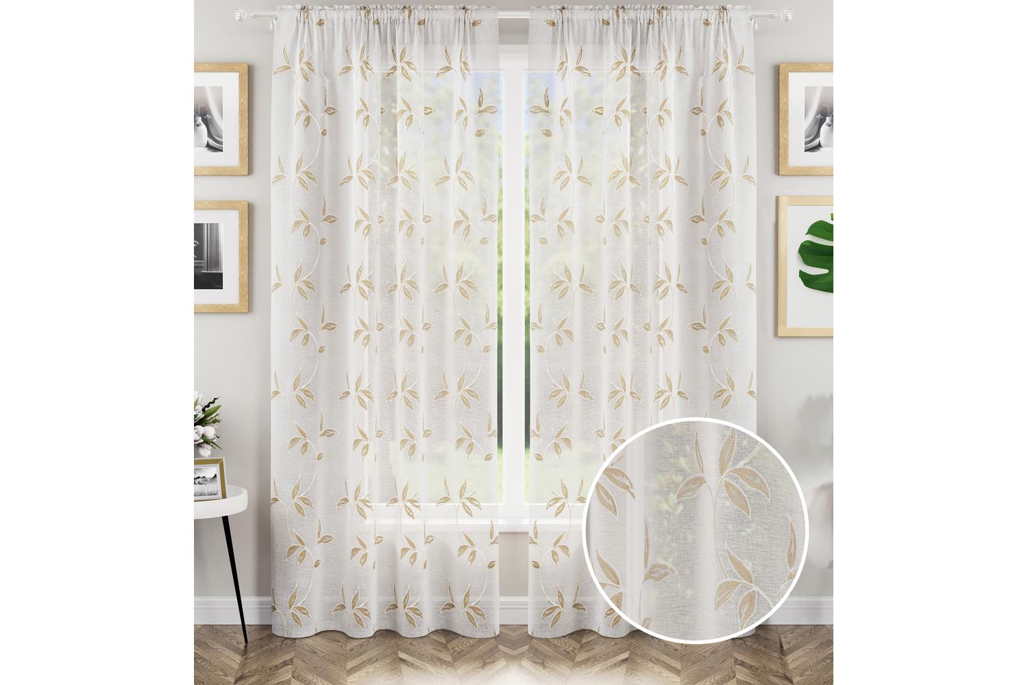 Natural Oasis Rod Pocket Pair Of Embroidered Leaf Design Voile Panel Sheer Curtains 140x183cm