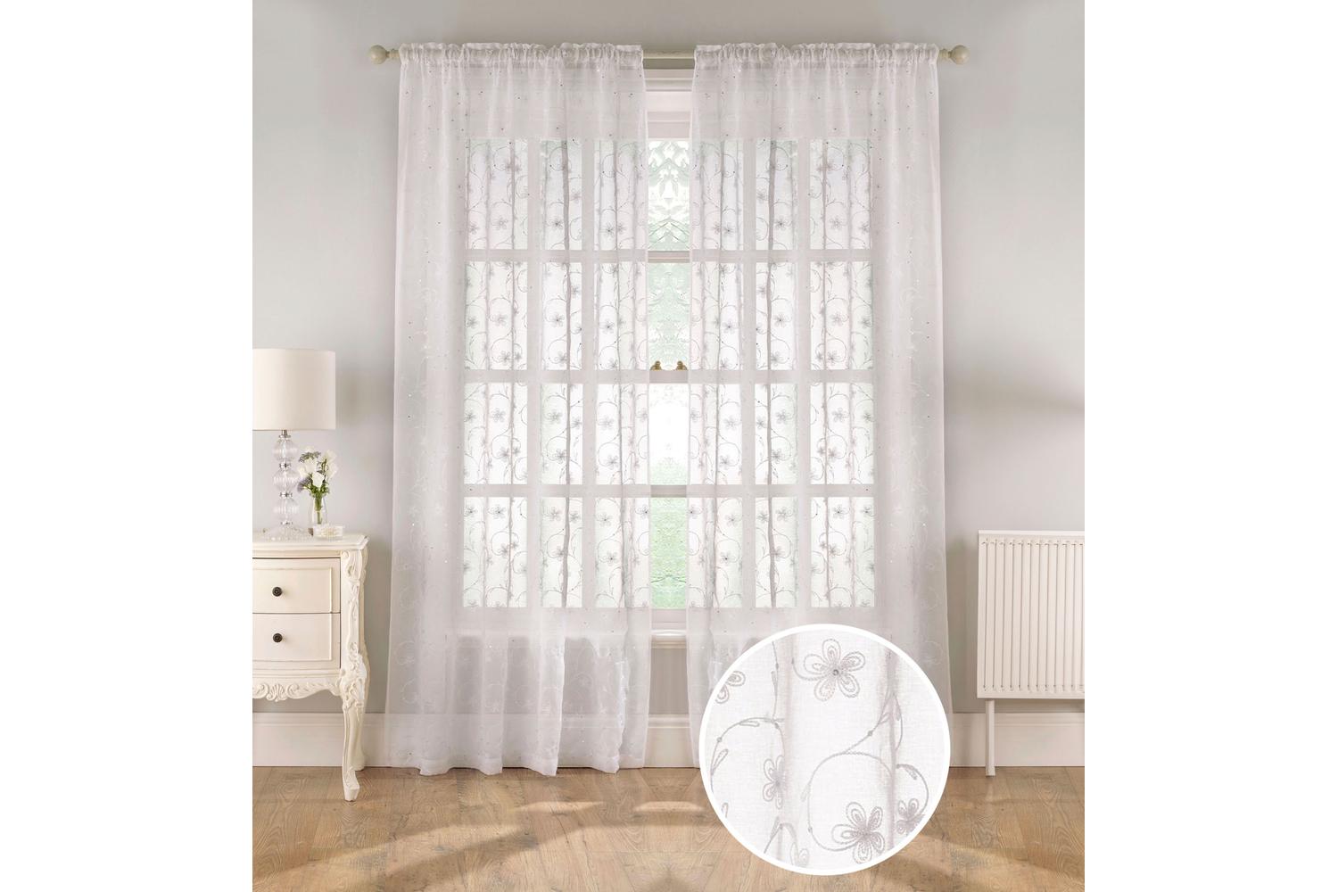 White Rod Pocket Belle Pair Of Sheer Floral Embroidery Voile Panels 140x229cm