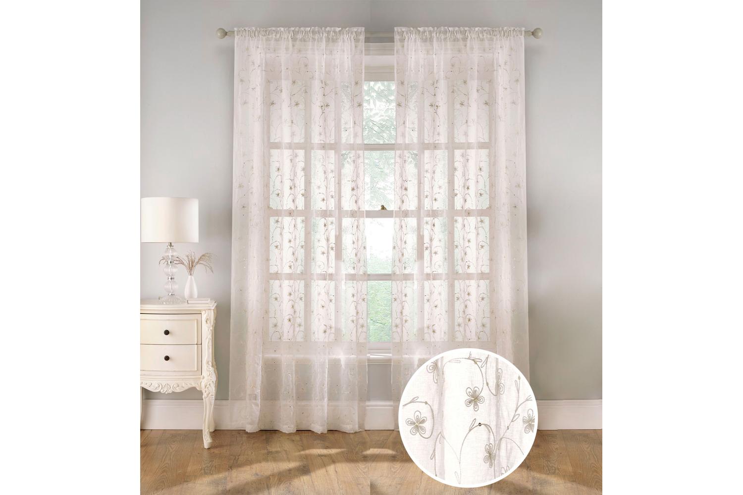 Cream Rod Pocket Belle Pair Of Sheer Floral Embroidery Voile Panels 140x183cm