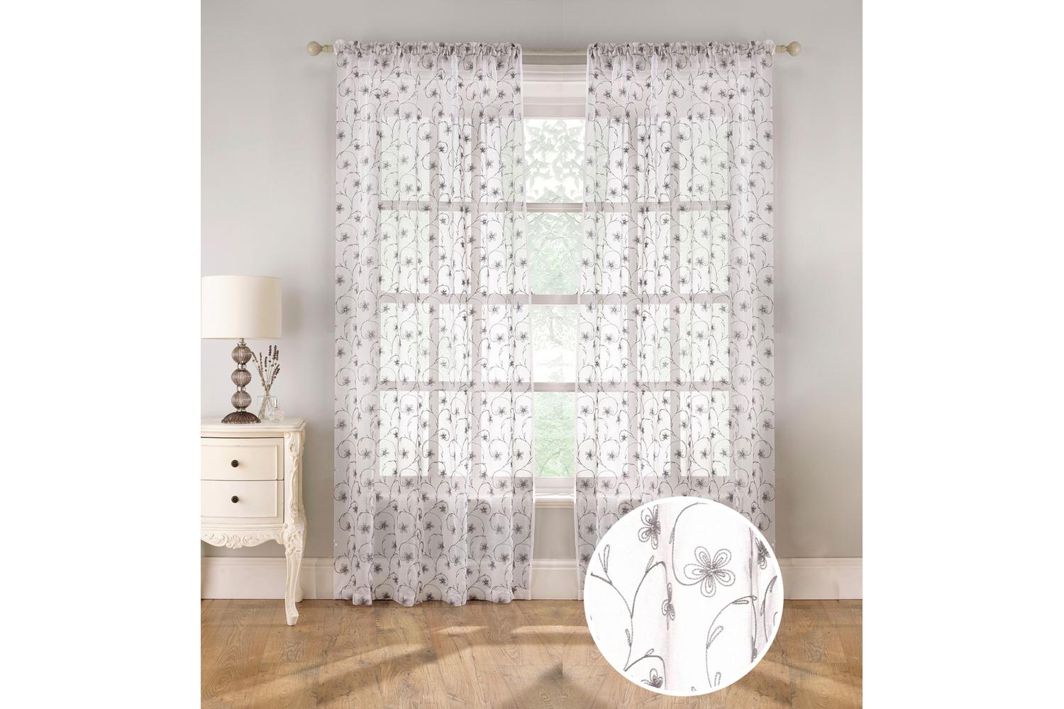 Grey Rod Pocket Belle Pair Of Sheer Floral Embroidery Voile Panels 140x137cm