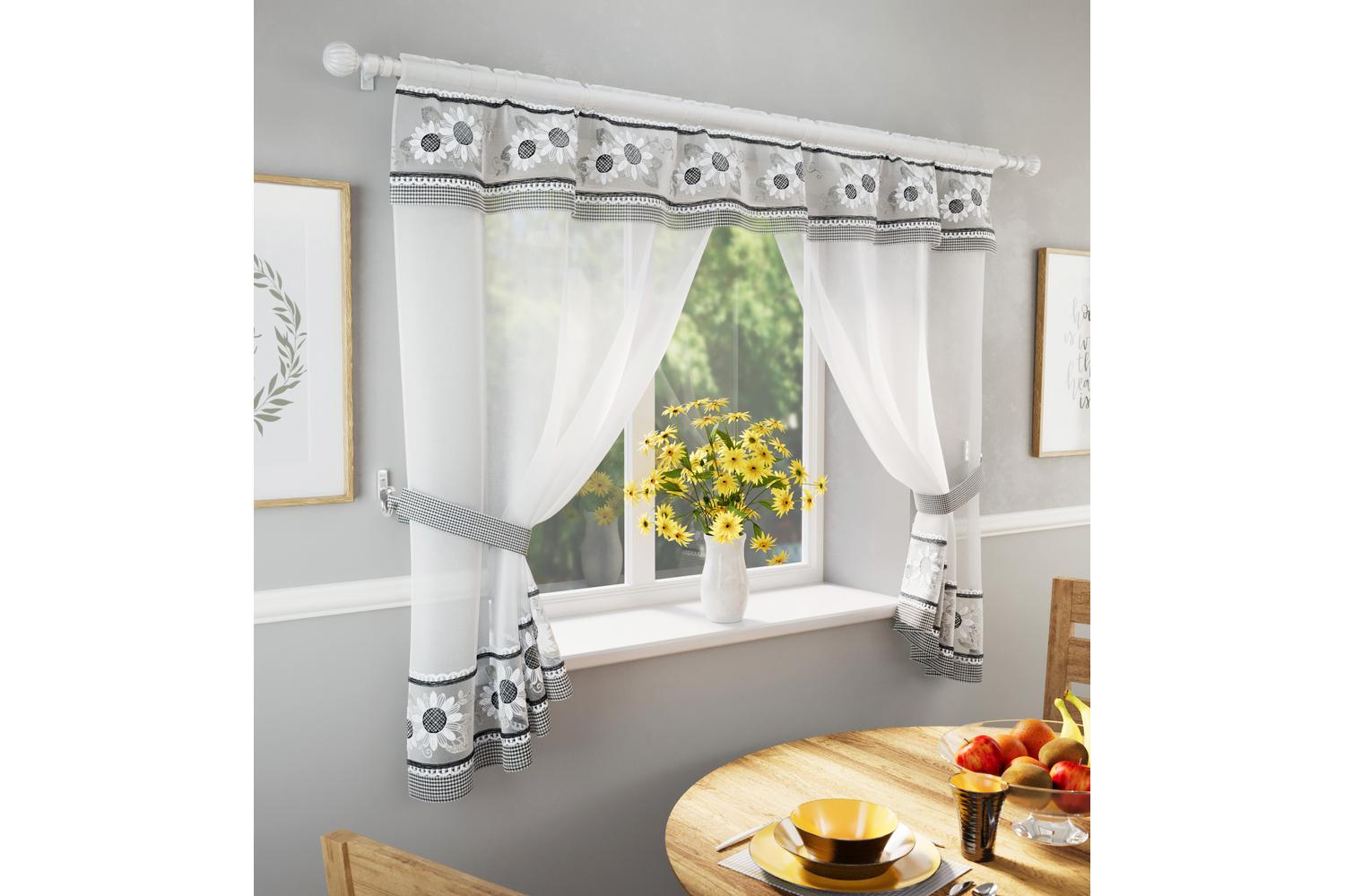 Black Keswick Floral Embroidery Kitchen Window Set With Matching Tie Backs 249x91cm