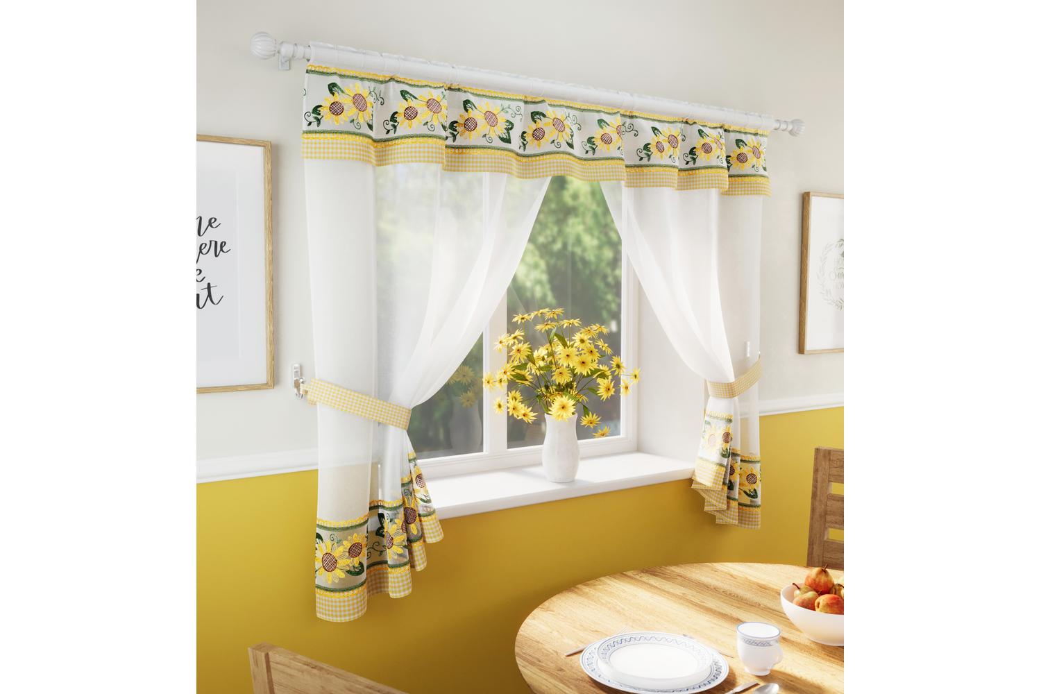Yellow Keswick Floral Embroidery Kitchen Window Set With Matching Tie Backs 249x107cm