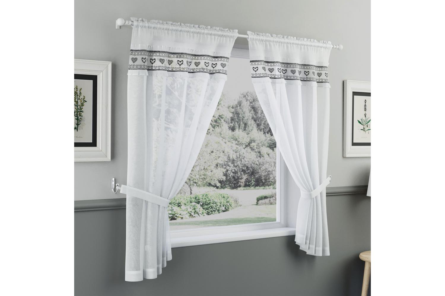 Black Lucy Embroidered Heart Kitchen Window Set Pair Of Curtains With Frill Edging And Matching Tie Backs 122cm