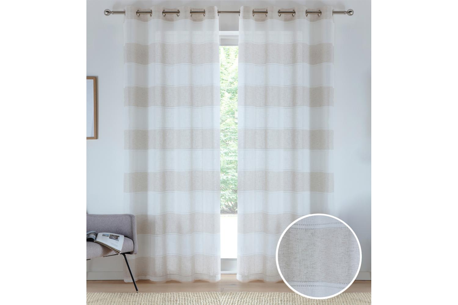 Natural Eyelet Santorini Pair Of Modern Linen Look Striped Panels 140x137cm