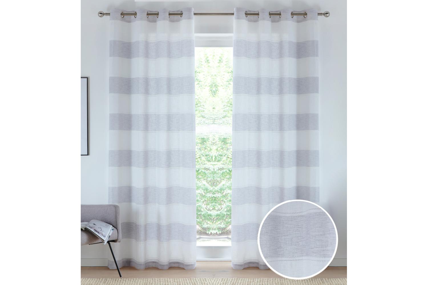 Grey Eyelet Santorini Pair Of Modern Linen Look Striped Panels 140x137cm