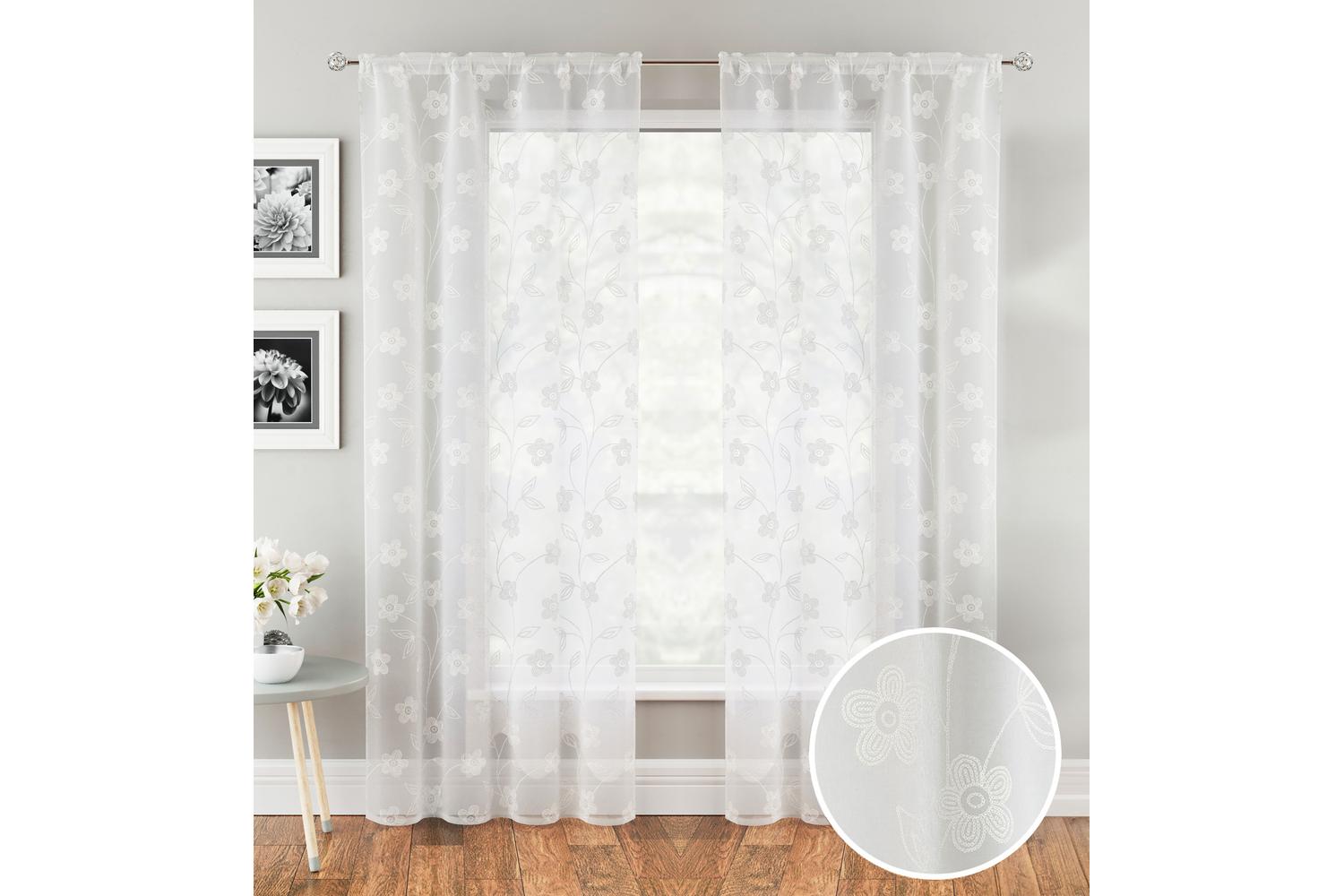 White Rod Pocket Sienna Pair Of Floral Paste Print Patterned Voile Panels 183cm