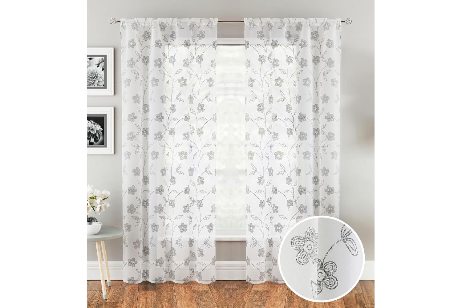 Grey Rod Pocket Sienna Pair Of Floral Paste Print Patterned Voile Panels 183cm