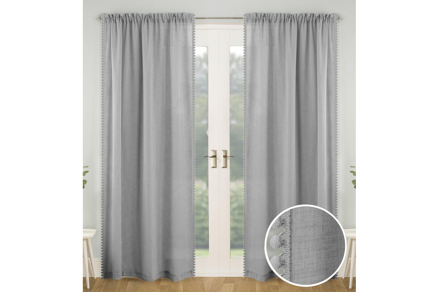 Grey Rod Pocket Tahiti Pair Of Pom-pom Trim Linen Look Voile Panels 140x183cm