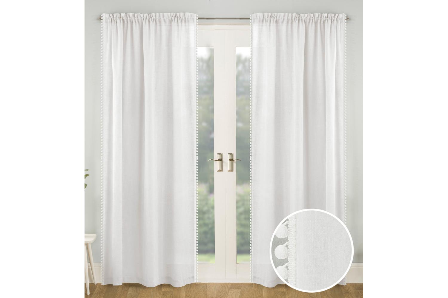 White Rod Pocket Tahiti Pair Of Pom-pom Trim Linen Look Voile Panels 140x137cm