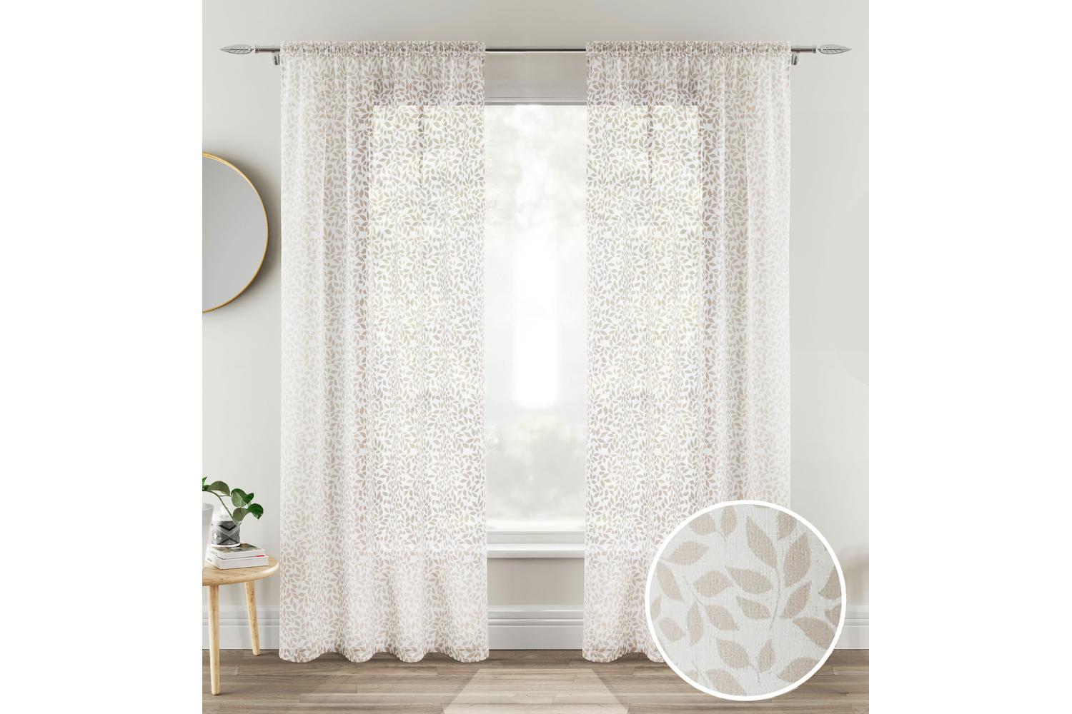 Natural Rod Pocket Willow Pair Of Leaf Print Linen Look Voile Panels 140x122cm