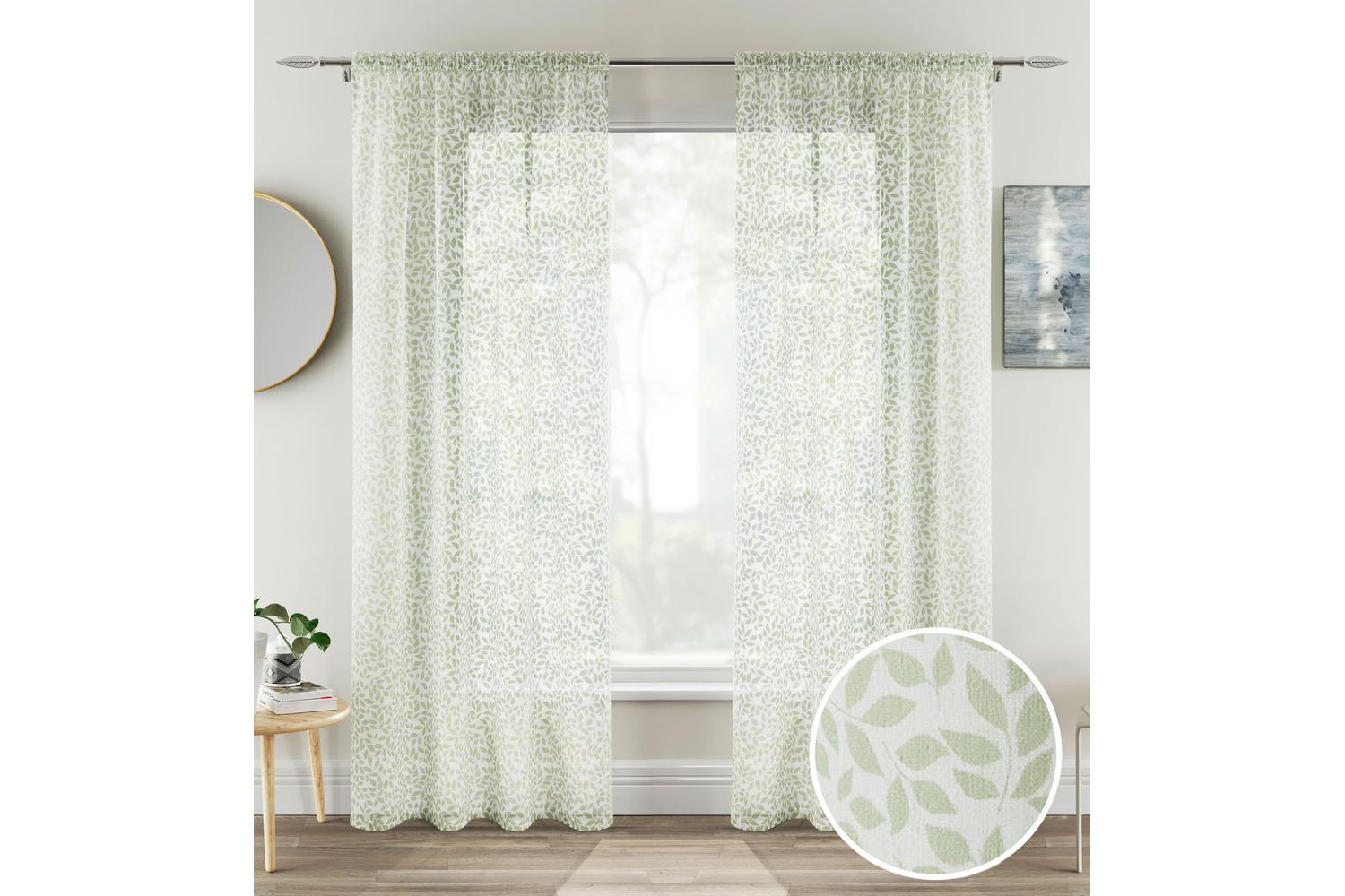 Green Rod Pocket Willow Pair Of Leaf Print Linen Look Voile Panels 140x137cm