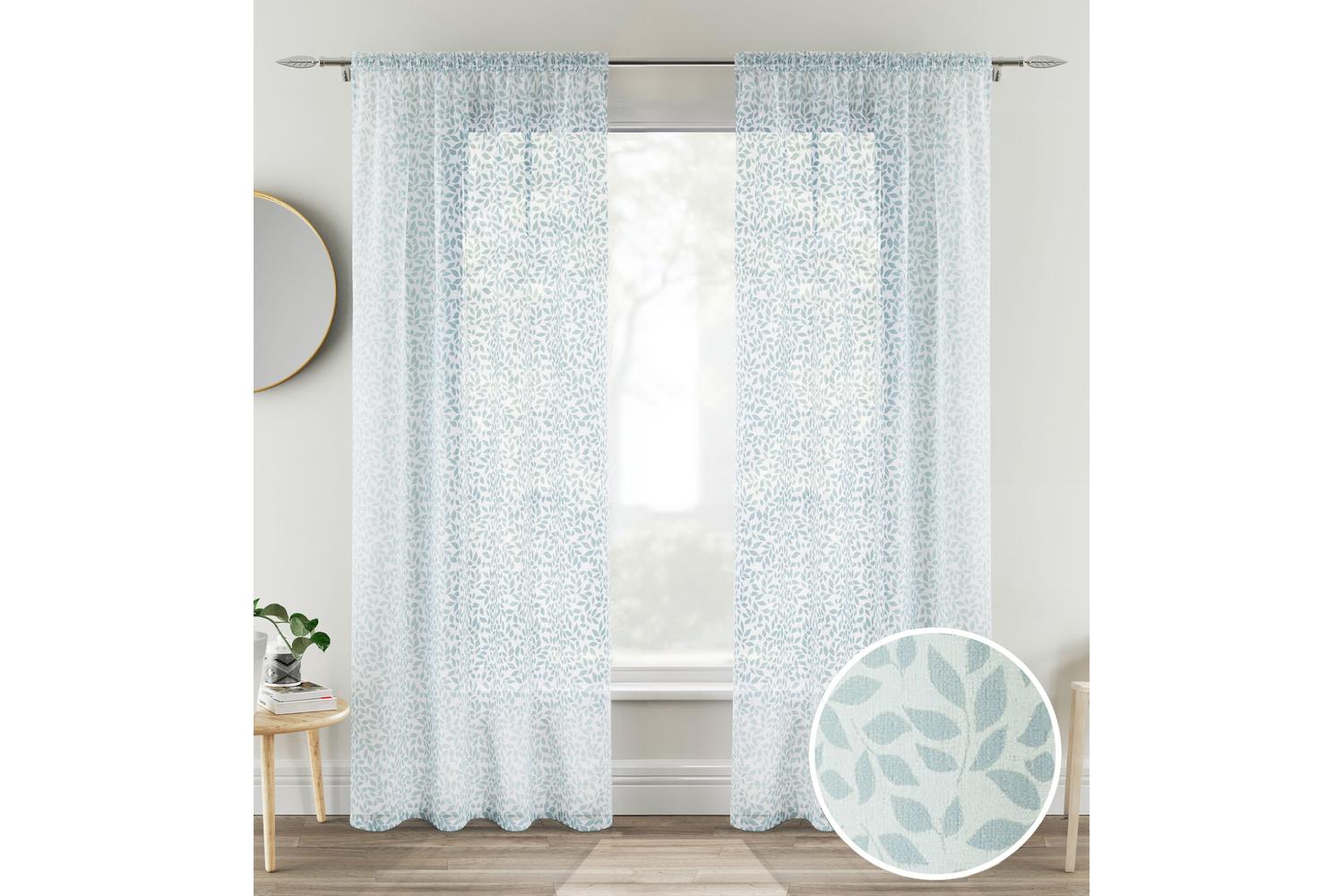 Blue Rod Pocket Willow Pair Of Leaf Print Linen Look Voile Panels 140x137cm