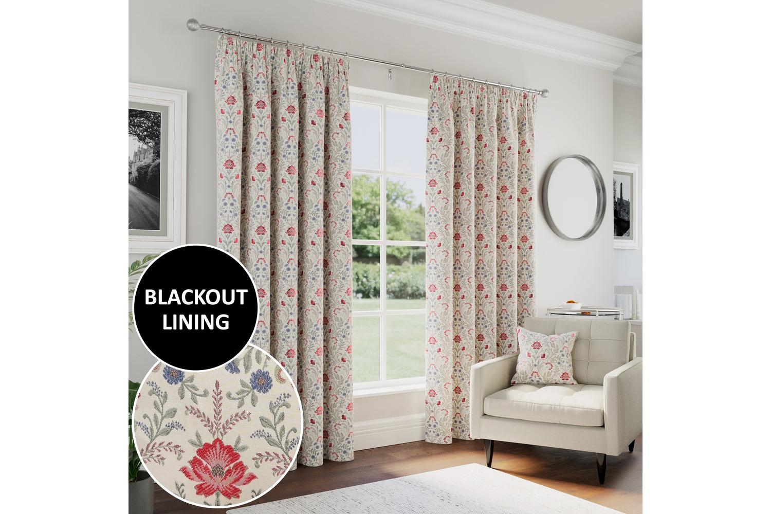 Red Floral Blackout Thermal Tape Top Cotswold Pair Of Curtains 165x229cm