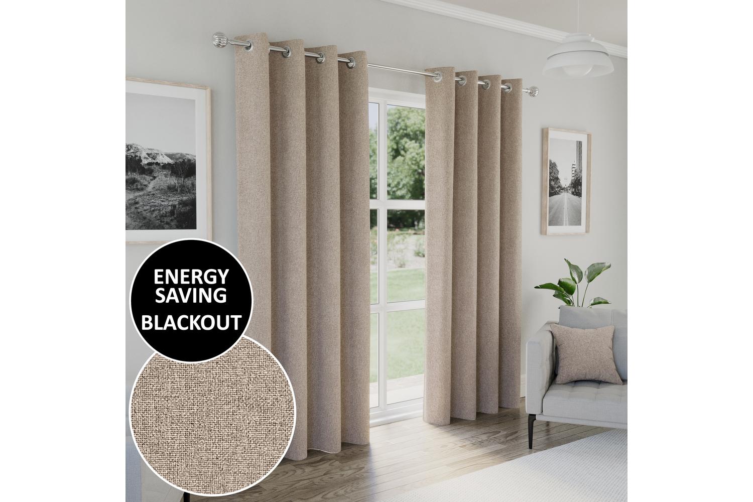 Natural Eyelet Austin Plain Pair Of Blackout Thermal Noise Reducing Curtains 229x183cm