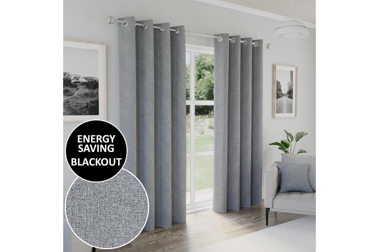Grey Eyelet Austin Plain Pair Of Blackout Thermal Noise Reducing Curtains 168x183cm