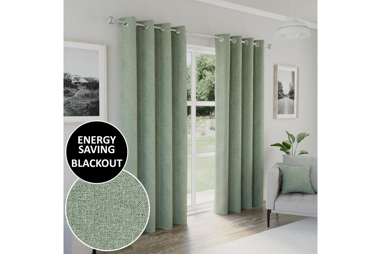 Green Eyelet Austin Plain Pair Of Blackout Thermal Noise Reducing Curtains 117x137cm