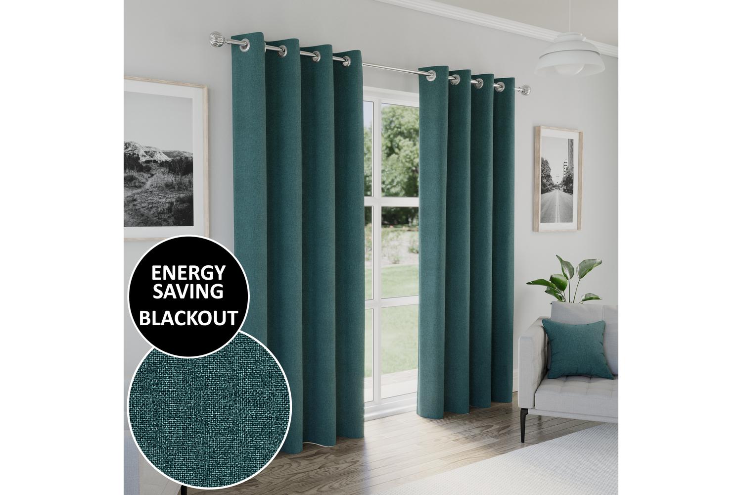 Teal Eyelet Austin Plain Pair Of Blackout Thermal Noise Reducing Curtains 229x183cm